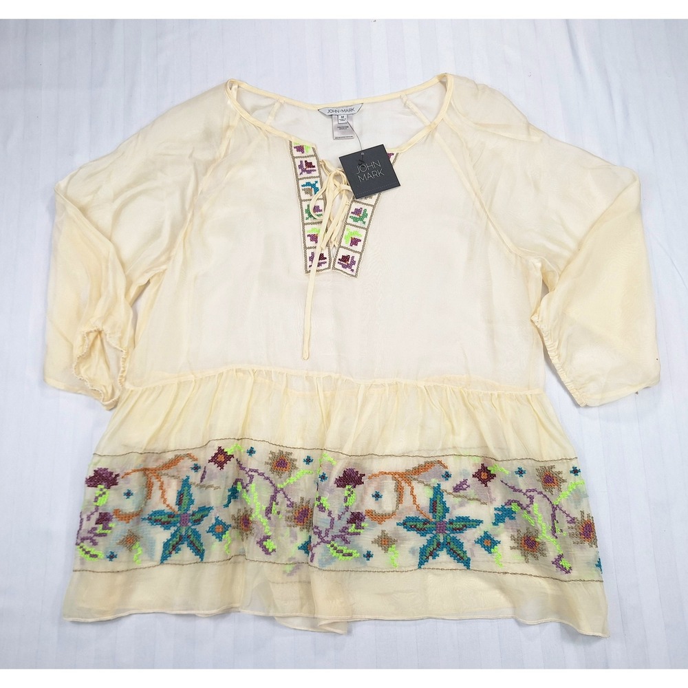 John Mark‎ Womens Cream Silk Blend Embroidered Boho Peasant Blouse NWT Size M